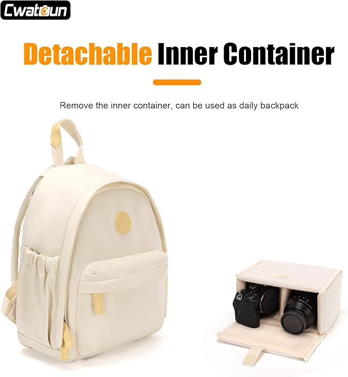 Cwatcun Camera Backpack Bag Small for Women，Fashion DSLR Camera Bag Cute with Tripod Strap and Removable Padded Dividers Lightweight Photograhy Case for Canon/Nikon/Sony Cameras, Off-White