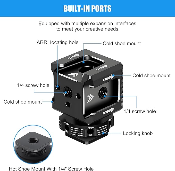 3 Port Cold Shoe Mount Adapter with 1/4"-20 Thread for Camera Cage Flash LED Monitor Microphone, Aluminum Camera Triple Cold Shoe Extension Hot Shoe Mount Adapter Compatible with DSLR/SLR Camera