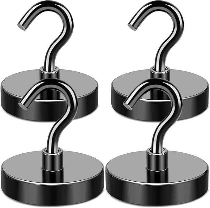 MIKEDE Magnetic Hooks, 170LB Super Strong Magnet Hooks Heavy Duty for Cruise Essentials, Black Neodymium Earth Magnets with Hook for Hanging, Magnetic Metal Hanger for Fridge, Toolbox - 4 Pack