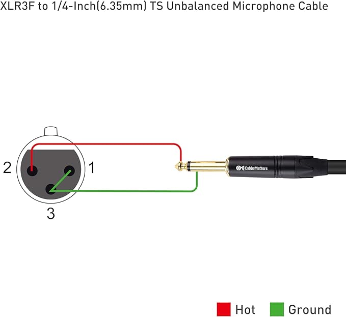 Cable Matters XLR to 1/4 TS Microphone Cable 10 ft, Unbalanced Female XLR to Male 1/4 (6.35mm) TS Cable