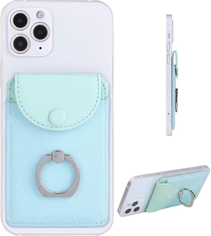 Credit Card Holder for Back of Phone with Ring Stand Stick on Phone Wallet,Ultra-Slim Self Adhesive,RFID Blocking Ring Pocket Wallet Stick on Most Smartphones(Finger Ring Mint)