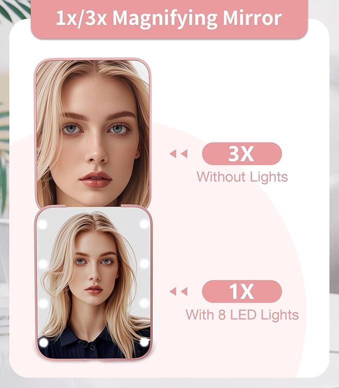WOBSION Small Mirror with Lights,LED Compact Makeup Mirror,1x/3x Mini Travel Mirror with Magnification,Portable for Purse,Pocket,Gifts for Girls,Rose Gold