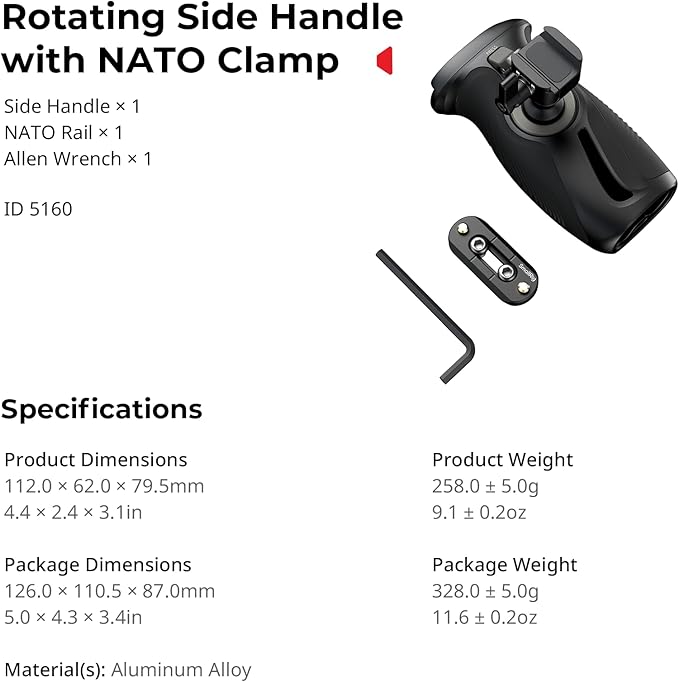 SMALLRIG Push-Button Rotating Side Handle with NATO Clamp, for Left and Right Hand, 360° Rotatable Side Handle with Anti-Slip Silicone, Max. Load 15Kg