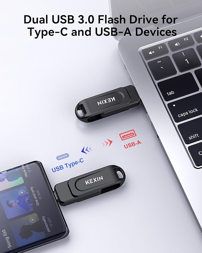 KEXIN Dual 64GB USB C Flash Drive 3.0 USB-A & Type-C Thumb Drive 100MB/s Swivel USB Drive 64GB Memory Stick for Smartphone Tablet iPhone 15/16 Car Game Console, Black