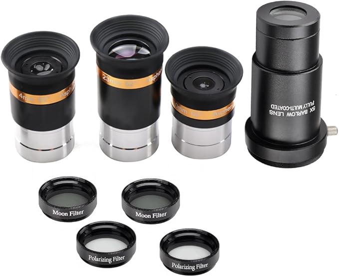 Starboosa 62° Aspheric Eyepiece Set, 1.25" (23mm/10mm/4mm) with 5X Barlow & 4 Filters (2 Polarizing, 2 Moon) — Multi-Coated Optics — Soft Fold-Down Eyecups — Fits Most Telescopes