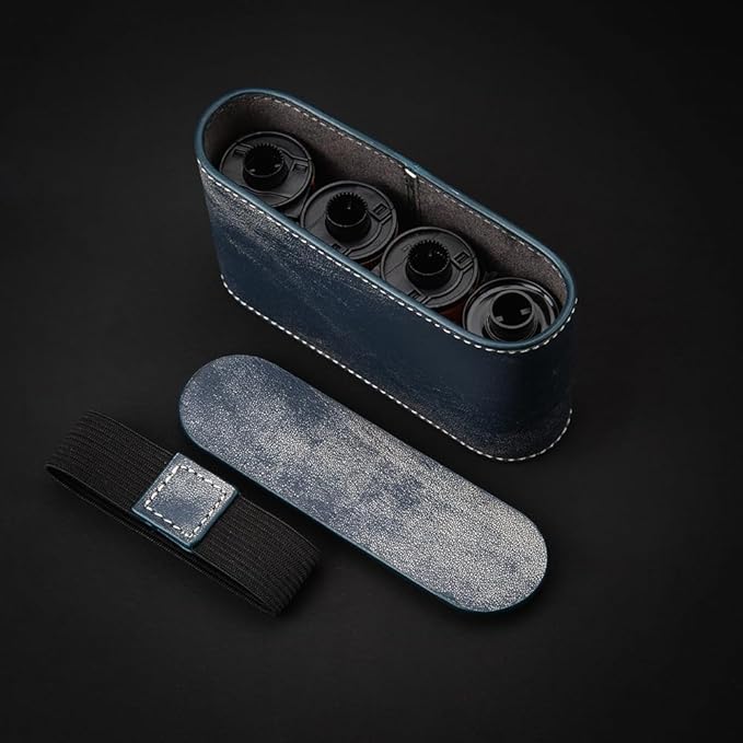 35mm 135 Film Container Storage Box Leather Camera film protection box Storage Carrying Case Bag (Blue-case)