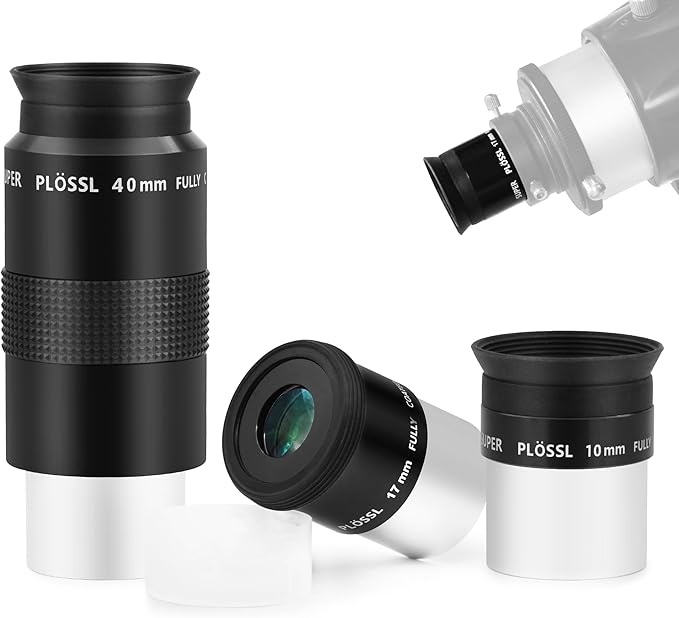 Astromania Telescope Eyepiece Set 1.25 Inch Super Plossl Eyepiece Set 10mm 17mm 40mm, 5 Element Fully Multi Coated Metal 52 Degree Apparent Field, Telescope Accessory Set for Astronomy Telescope