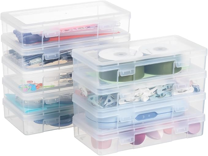 novelinks Small Plastic Storage Box Containers with Latching Lids - Craft Organizers and Storage Stackable Storage Organizer Pencil Crayon Box (9 Pack Medium -Clear)