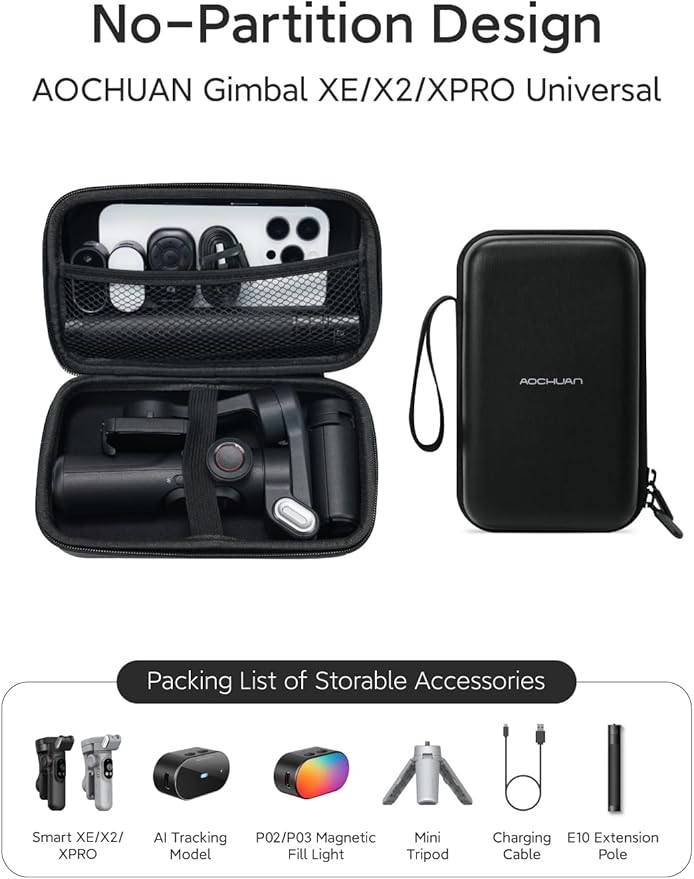 AOCHUAN 3-Axis Gimbal Stabilizer for Smartphone Smart XPro Black & B20 Storage Bag & E10 Extension Rod