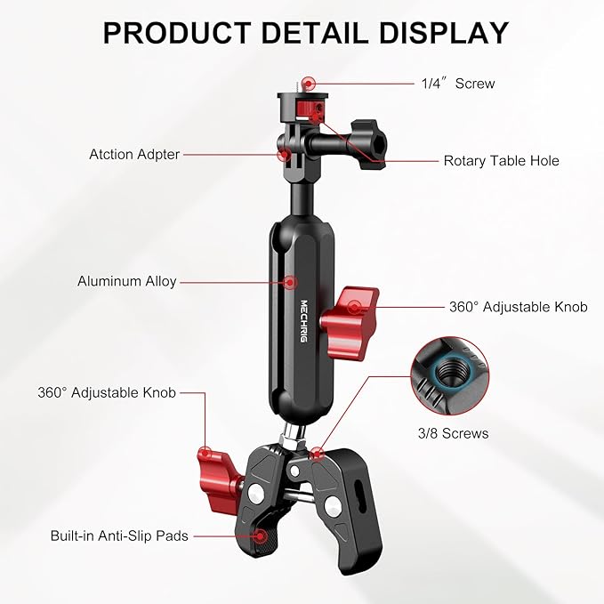 Camera Mount Super Clamp, Double Ballhead Magic Arm Clamp for GoPrO/Pocket 3 /lnsta360 X3 X4 /DSLR/Monitor/LED Light/Flash/Microphone,360°Rotating & 1/4”Screw & CNC Ebike Handlebar Clip Kit, JC008