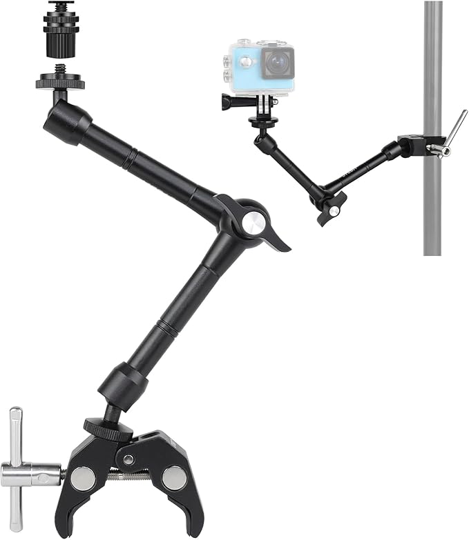 UTEBIT 11" Adjustable Magic Arm with Super Clamp, 360° Ball Heads with ARRI 1/4" & 3/8" Thread Screw for Flash/LED Light/Microphone/Monitor, Compatible with SmallRig Camera Cage, Max Load: 4.4lb/2kg