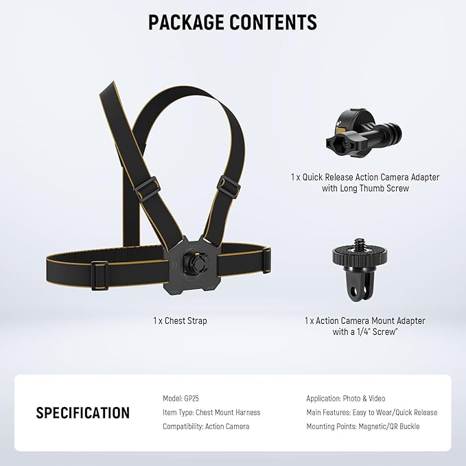 NEEWER Chest Mount Harness for Action Camera,Adjustable Hand Free Chest Strap Compatible with GoPro Hero DJI Osmo Insta360,Magnetic Release Action Camera Chest Mount for Point of View Video Vlog,GP25