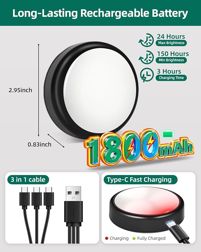 6-Pack Puck Lights with Remote, 1800mAh Rechargeable Under Cabinet Lighting, 3 Color Temps & 7 RGB Colors, Long-Lasting Dimmable Stick-On Lights for Cabinet, Kitchen, Shelf, Party