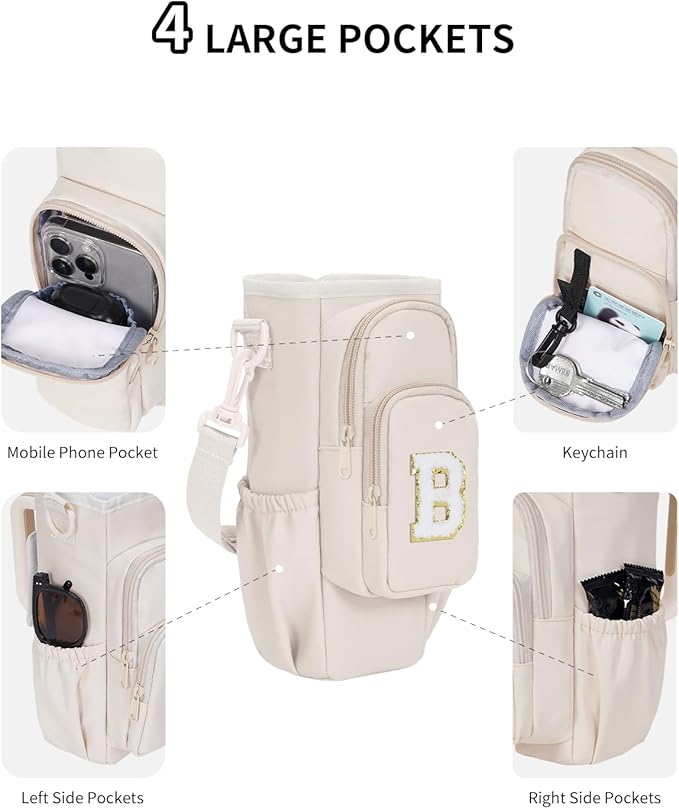 sportsnew Birthday Gifts for Women Personalized Initial Water Bottle Holder with Strap fits most 40oz Tumbler with Handle Water Bottle Carrier Bag with Phone Pocket & Straw Topper Tumbler Accessories
