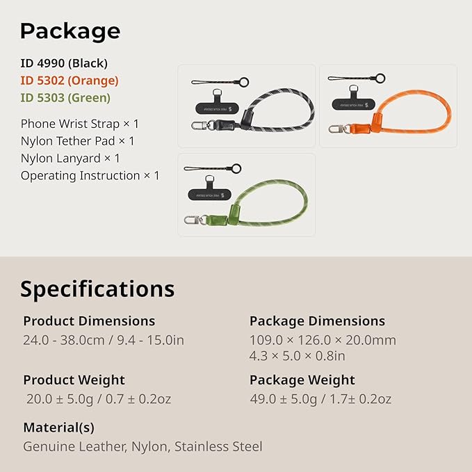 SMALLRIG Adjustable Phone Wrist Strap, 38cm Leather & Nylon Wrist Strap for iPhone, for Samsung