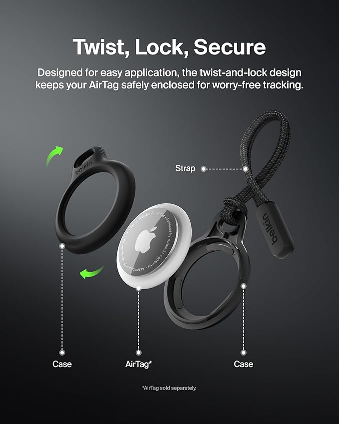 Belkin Apple Airtag Secure Holder With Strap - Apple Air Tag Keychain - Airtag Holder With Strap For Key Ring - Airtag Keychain Accessories - Scratch Resistant Airtag Case With Raised Edges - Black