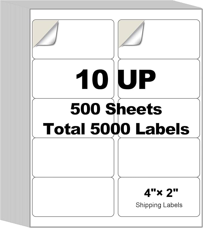 5000 Labels (500 Sheets) - 2" x 4" Shipping Address Labels - 10-Up Mailing Stickers for Laser/Inkjet Printers - 8.5" x 11" White Printer Labels - Multipurpose Address Papers