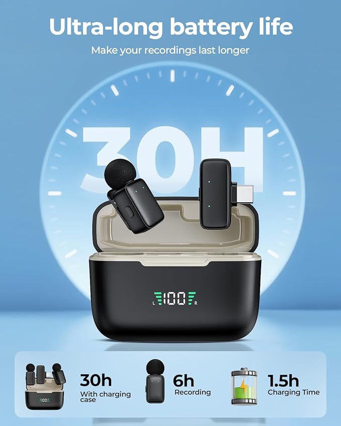 Mini Wireless Lavalier Microphone for iPhone/Android/Tablet/PC with Lightning/USB-C Plug, Noise Cancellation, Wireless Clip-on Mic with Charging Case for Video Recording TikTok YouTube Podcast