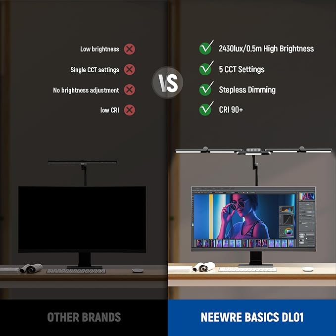 NEEWER Basics 32.5" Clip On Desktop LED Light for Home Office, 23W LED Architect Clamp Lamp with 5 Light Bars, Dimmable Lighting for Computer Drafting Table Desk Video Conference Atmosphere, DL01
