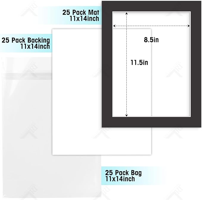 Golden State Art, Acid Free, Pack of 25 11x14 Black Picture Mats Mattes with White Core Bevel Cut for 9x12 Photo + Backing + Bags