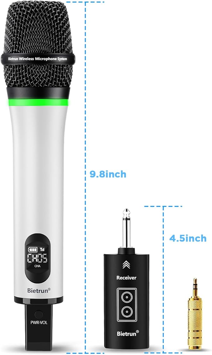 Bietrun Wireless Microphone Rechargeable, 168FT Range Bluetooth Microphone Wireless (Work 7 hrs) with 1/4'' Output, UHF Metal Handheld Dynamic Mic for Karaoke Machine/PA System/Speaker/Church/Wedding