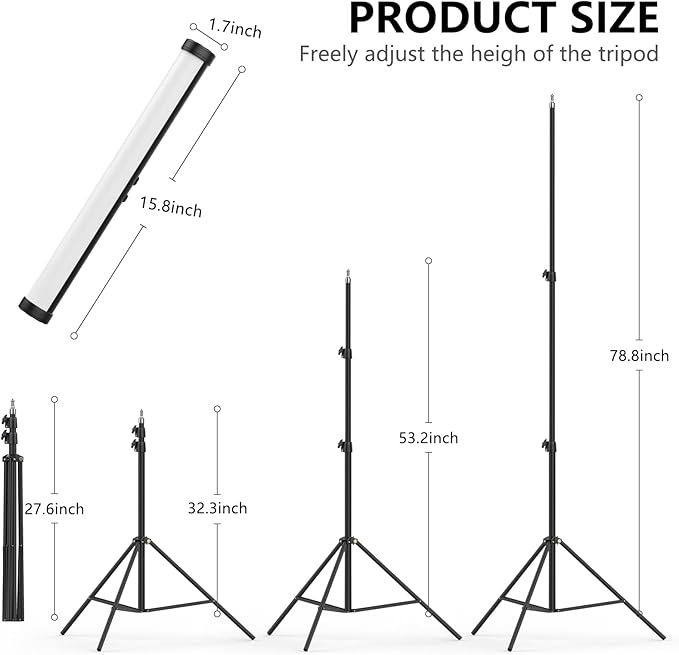 RGB Led Video Light Stick Wand with Stand, QEUOOIY 360° Full Color 2500-9500K Portable Studio Photography Lighting, 5000mAh Rechargeable Battery & Magnet with 27"-78.7" Tripod for Vlog