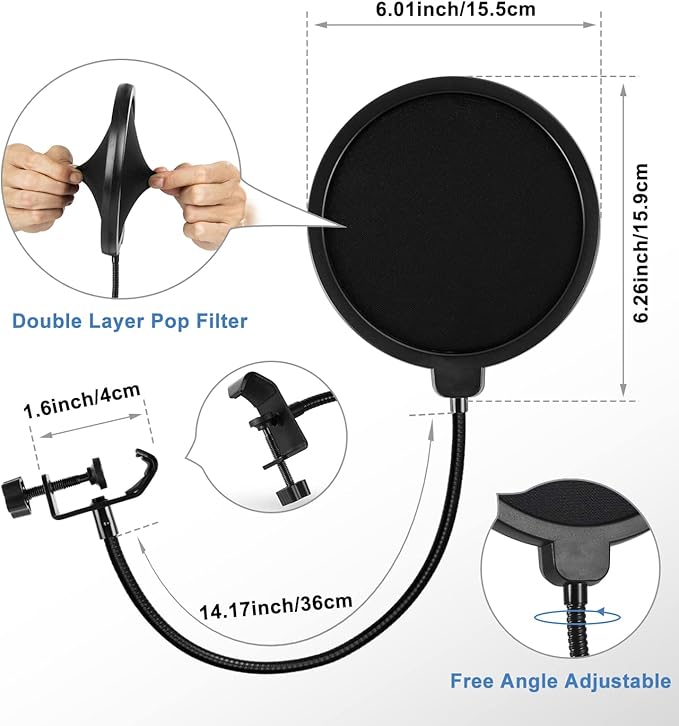 BILIONE Multifunctional Desktop Microphone Stand, Adjustable Mic Stand Desk with Pop Filter, Shock Mount, Microphone Clip, 5/8" to 3/8" Metal Screw Adapter