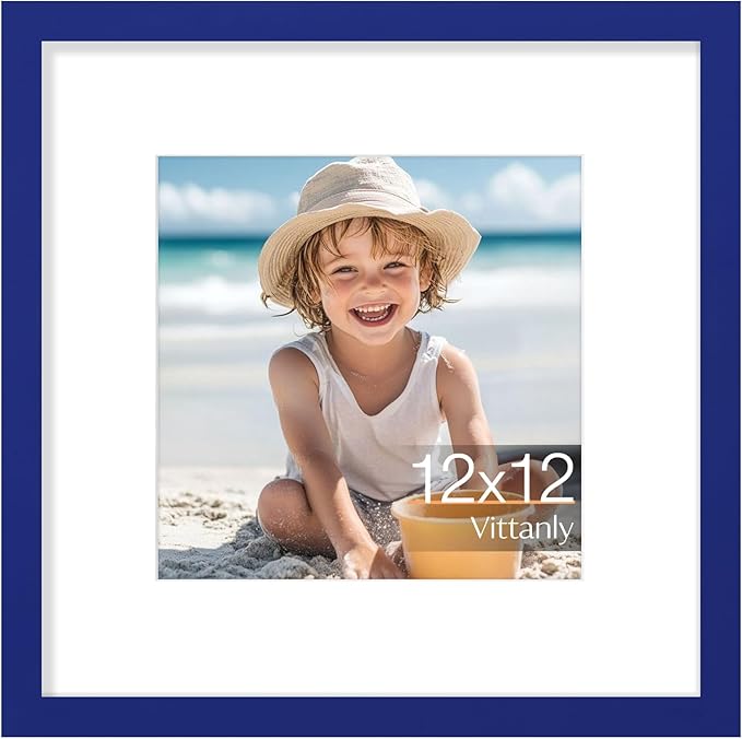 Vittanly 12x12 Picture Frame, Made of Solid Wood and Shatterproof Plexiglass, Display Pictures 8x8 with Mat or 12x12 without Mat, Wooden Photo Frame for Wall Mounting, Royal Blue, 1 Pack