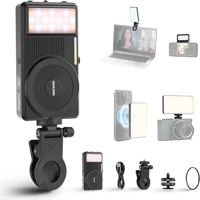 NEEWER Basics 5W Magnetic Phone Selfie Light for iPhone MagSafe, Dual Sided Clip LED Lighting 402lx/0.5m CRI90+ 3000mAh for Camera Recording Computer Video Conference Makeup Streaming, NL129D