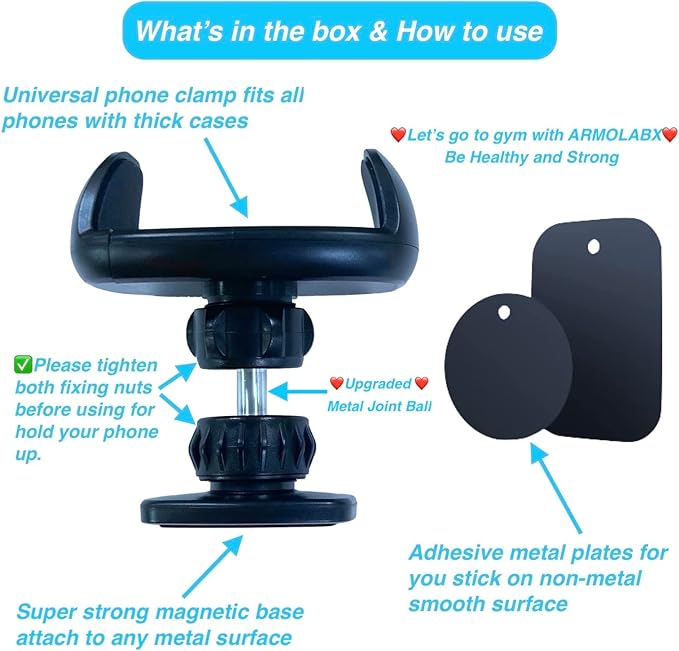 Gym Magnetic Phone Holder Mount Attach to Metal Surface, [Big Phones & Thick Cases Friendly] Magnetic Phone Holder for Gym Workout Record Compatible with All Smartphones