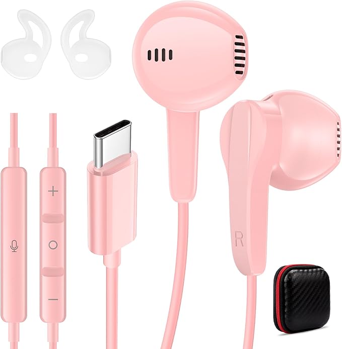 iMangoo for Apple/Android Wired Headphones USB C Earbuds HiFi Sound Earphones with DAC Chip with Microphone for iPhone 17 Air 16 15 Pro Max, Type C Ear Buds USBC Headset for Samsung S26 S25 S24 Pink