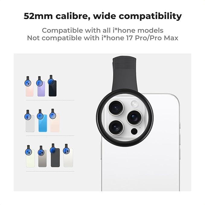 K&F CONCEPT 52mm Clip-on CPL Phone Camera Lens Filter Kit, Circular Polarizer Polarizing Filter Compatible with iPhone 17 16 15 14 13 12 11