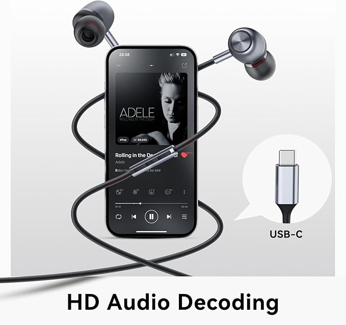USB C Headphones for Samsung S24 S23 FE S22 S21 S20 A53 A54 Wired Earbuds Metal in-Ear Type C Earphone with Microphone Volume Control Bass Stereo for iPhone 17 Pro Max iPhone 16 Pro Max Pixel (Black)