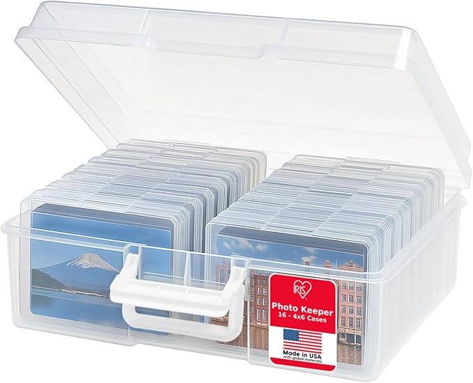 IRIS USA 4" x 6" Photo Storage Box Craft Keeper, Transparent Handle Container with 16 Organization Holder Cases for Pictures, Tasks, Scrapbooking, Ephemera, Stationery Storage, Clear