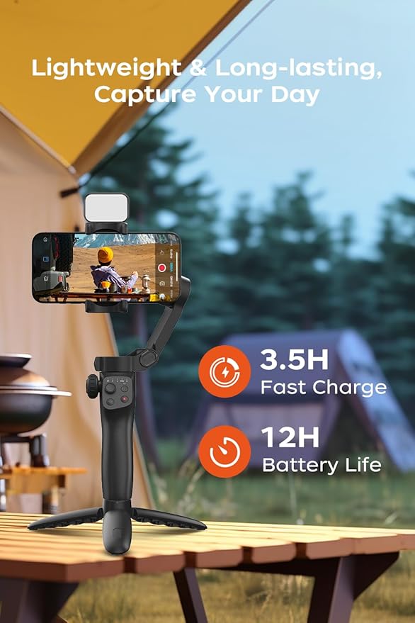 FUNSNAP Gimbal Stabilizer for iPhone, Phone Stabilizer, Portable Foldable 3-Axis Phone Gimbal with Magnetic Fill Light for Android & iPhone 17 16 15 Pro Max, Ideal for Travel Vlogging