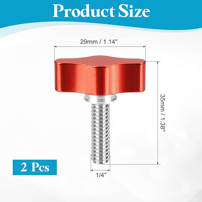 PATIKIL Clamping Screw Knob 1/4" x 1.38", 2Pcs Stainless Steel t Shaped Camera Thumb Screws for DSLR Flash Bracket Photography Light Stand Adapter Action Sports Camera Mounting System, Red