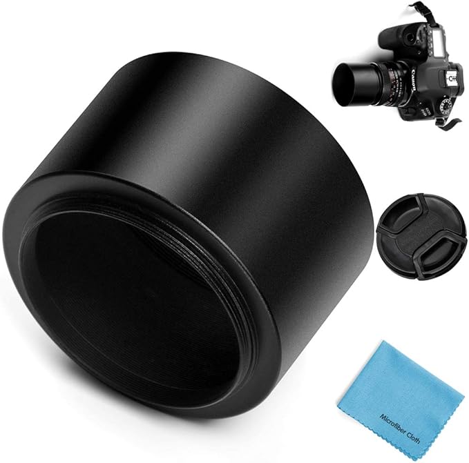 55mm Tele Metal Screw-in Lens Hood Sunshade with Centre Pinch Lens Cap for Canon Nikon Sony Pentax Olympus Fuji Sumsung Leica Camera + Cleaning Cloth