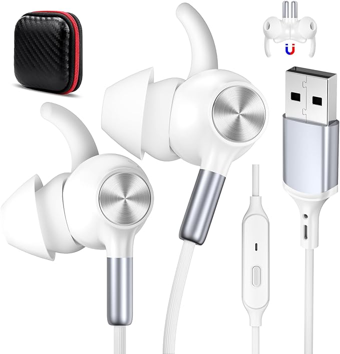 USB Earbuds with Microphone for PC,Wired USB Headphones with Mic& Earfins Hook for Computer Zoom Teams Office,7.5ft Long Noise Canceling Computer Headset for Dell/HP/Chromebook Laptop School,White