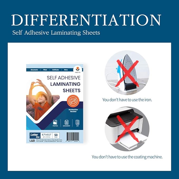 VIOLETTO Self Adhesive Laminating Sheets 12.3x17.1 inch, 20 Pack, 4mil Thickness, No-Machine Needed, QuickPeel, Instashield, Stick&GO (50 Sheets, Letter Size 4mil)