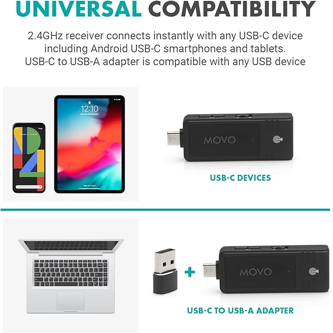 Movo WMX-1-UL USB-C Wireless Lavalier Microphone- USB Wireless Lapel Microphone for Computer, Smartphones, and Tablets- Wireless USB & USB-C Receiver, Transmitter, and Omnidirectional Lav Microphone