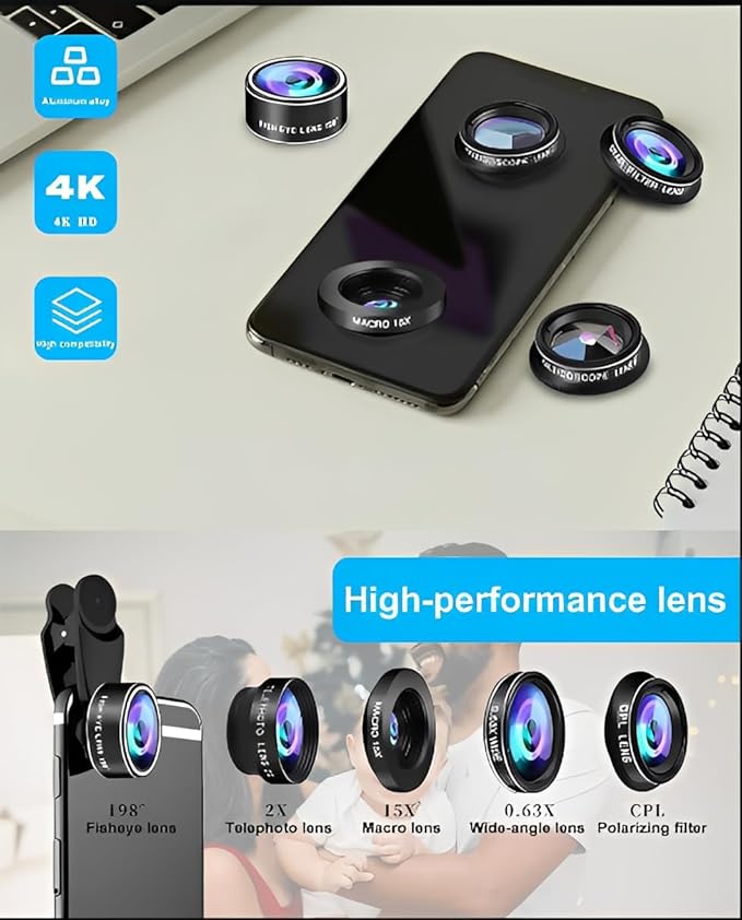 10 in 1 Phone Camera Lens Kit - Wide/Macro/Telephoto/Fisheye + CPL/Star Filters, for iPhone & Android, HD Pouch Universal Phone Lens Clip and Black Portable Bag for Most of Smartphone