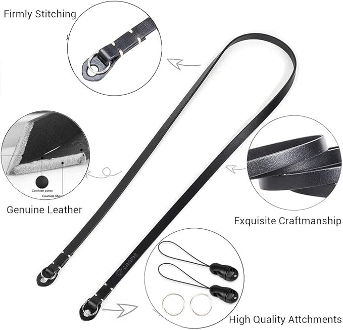 Genuine Slim Leather Camera Neck Shoulder Strap compatible with Fujifilm Sony Olympus Lecia, Vintage Leather Camera Strap (Black Color)