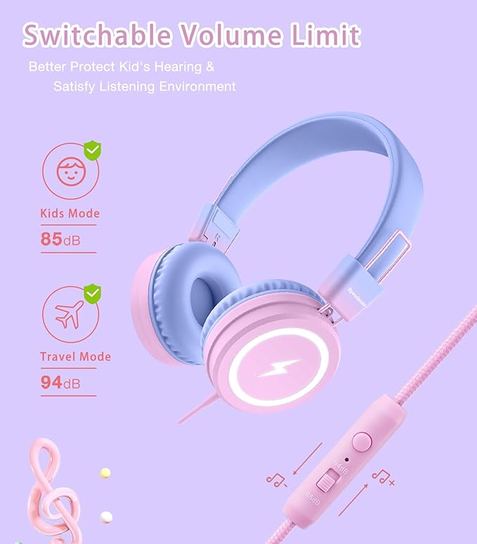 Kids Headphones with LED Lights for School, Upgrade USB Type C Kid Headphone with Microphone, Volume Limiter 85/94dB, Wired On Ear Headphones for Boys/Girls/Tablet/Travel -Gradient Purple