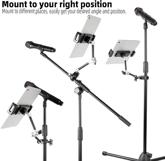Tablet Holder for Microphone Stand, Mic Music Stand Tablet Holder for iPad, Multi Angle Adjustable 10" Long Magic Arm & Super Clamp Mount, Compatible with 4.7 to 13 inch Tablets & Smartphones