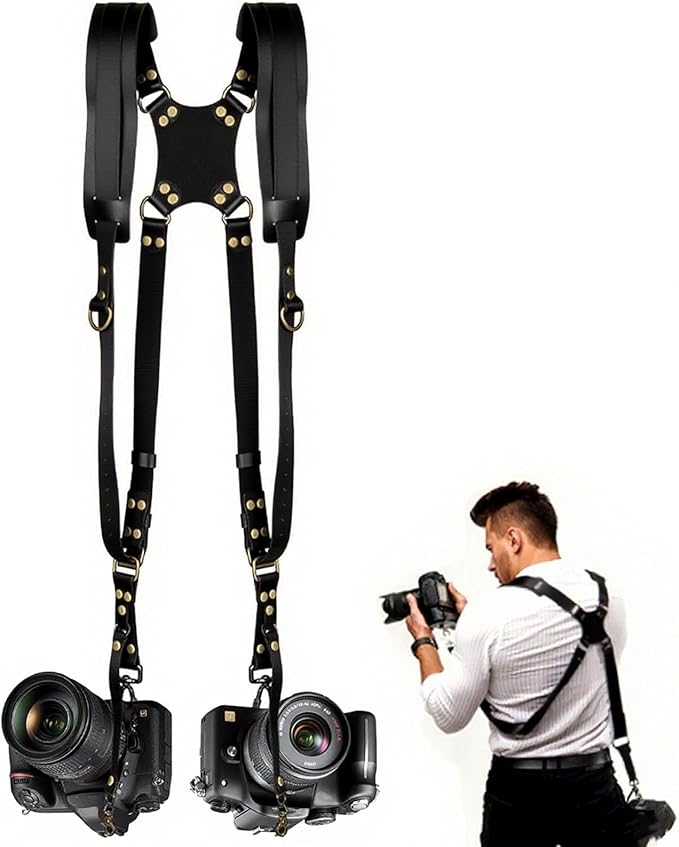 Camera Harness,Black Camera Straps for Photographers,Leather Dual Camera Strap for Two DSLR/SLR Cameras