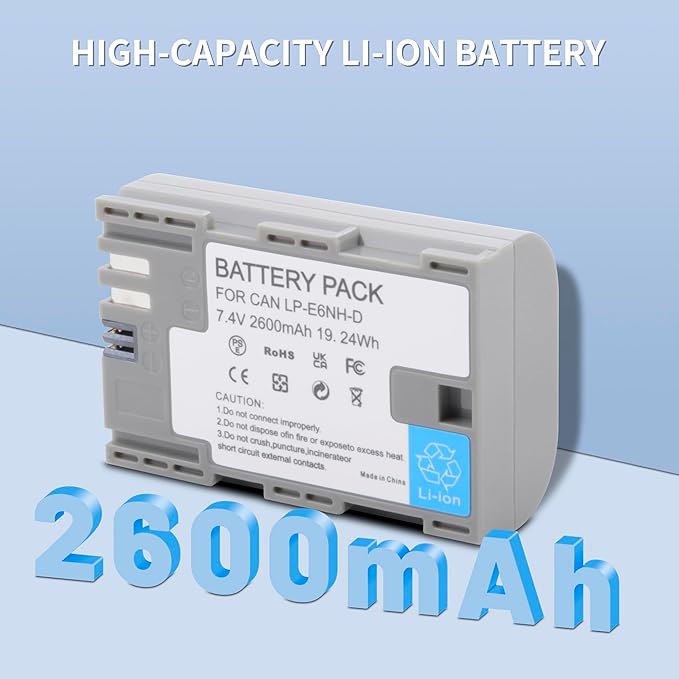 LP-E6NH 2600mAh USB-C Charging Rechargeable Camera Battery (2 Pack) for Canon EOS R, R5C, 5D Mark II, 5D III, 5D IV, 5DS, 5DSR, 6D, 7D, 7D II, 7D III, 80D, 70D, 60D, 60Da, XC10, XC15