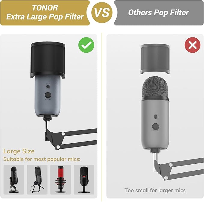 TONOR Microphone Boom Arm, Adjustable Microfono Stand Mic Arm with Extra-large Pop Filter, 3/8’’ and 5/8’’ Screwadapter, Equipment for Podcast, Recording, Streaming, 40cm+40cm, T40