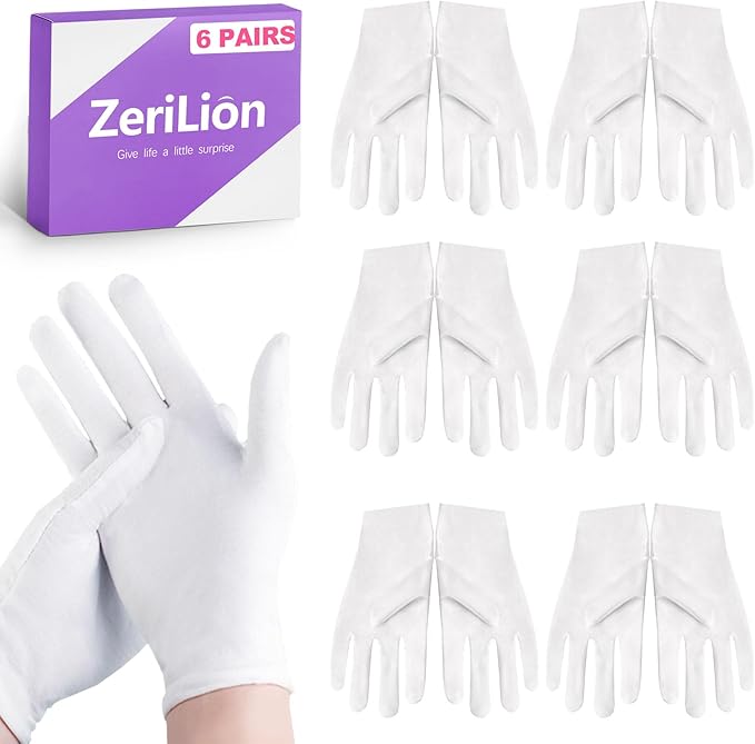 ZeriLion 6 Pairs White Cotton Gloves Soft Dust-Free Hand Gloves for Men Women Art Crafting Coin Watch Handling Dry Hands Sleeping