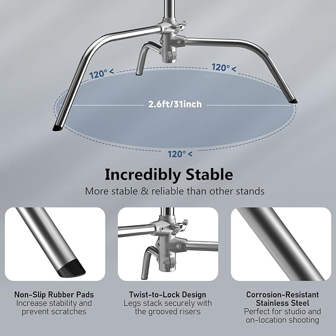 2 Pack Photography C Stand with Boom Arm: 100% Stainless Steel - Max Height 10.5ft/131inch Heavy Duty Light Stand, with 4.2ft/50inch Holding Arm, Grip Head, Sandbag, Backdrop Clamp