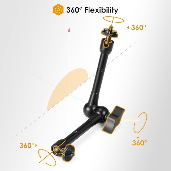 TARION Magic Arm with Super Clamp - 11in/28cm Adjustable Articulating Friction Camera Mount & Clamp with 1/4"" and 3/8"" Thread for LCD Monitor LED Light Flash Light Phone Action Cam, Black